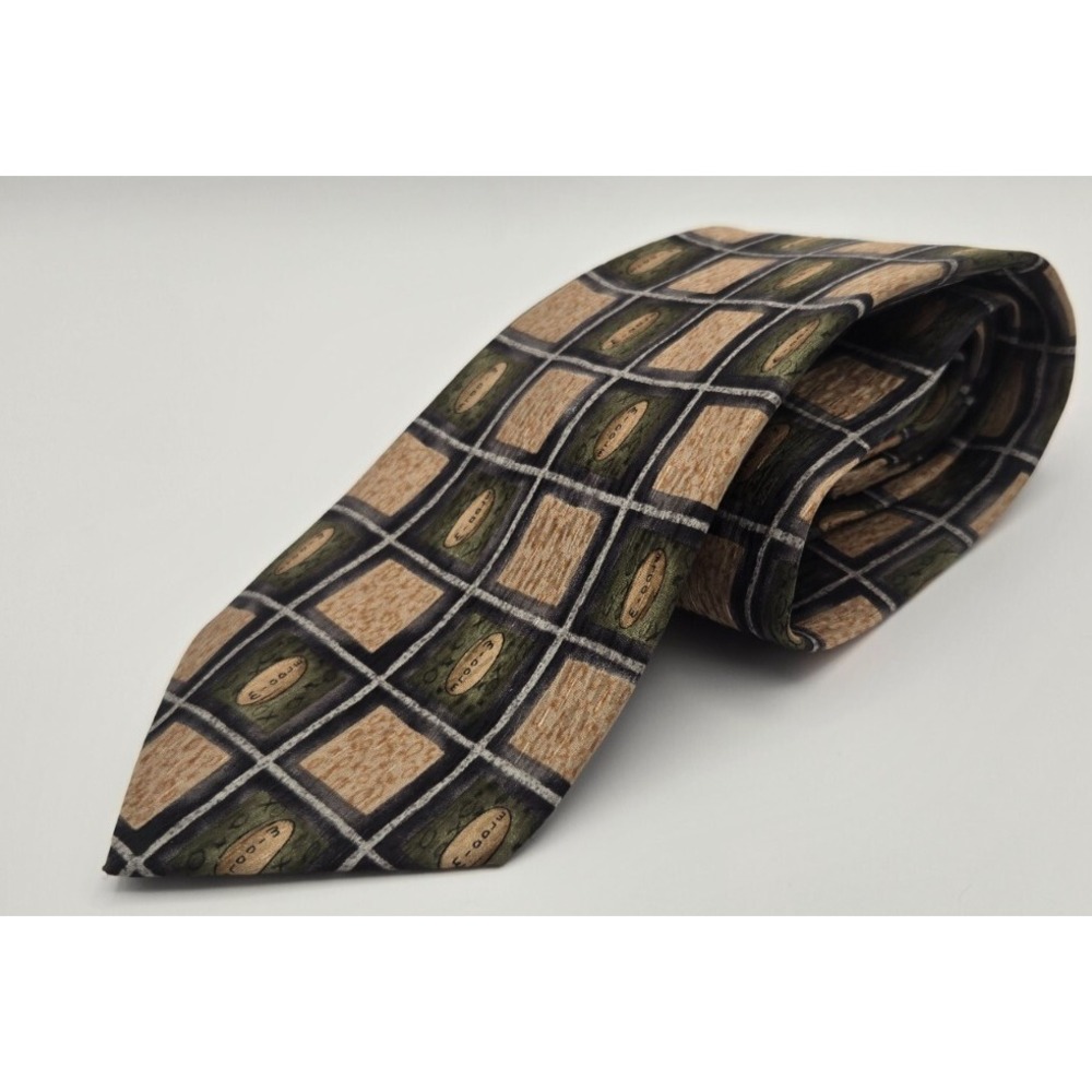 Jimmy'Z Necktie Mens OS Green Tan Geometric Grid 100% Silk Hand Made USA Vintage